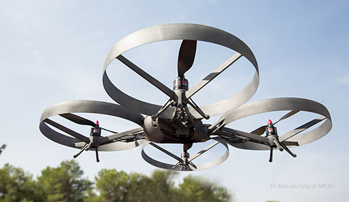 A UAS pictured flying in the sky, representing military personnel using 3D print in the field