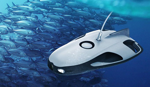 Powervision PowerRay underwater drone swimming alongside fish