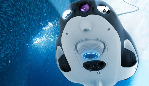 Powervision PowerRay drone underwater with view of the headlights and undercarriage camera technology